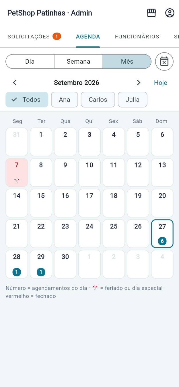 Tela da agenda mensal do PetMiau no celular
